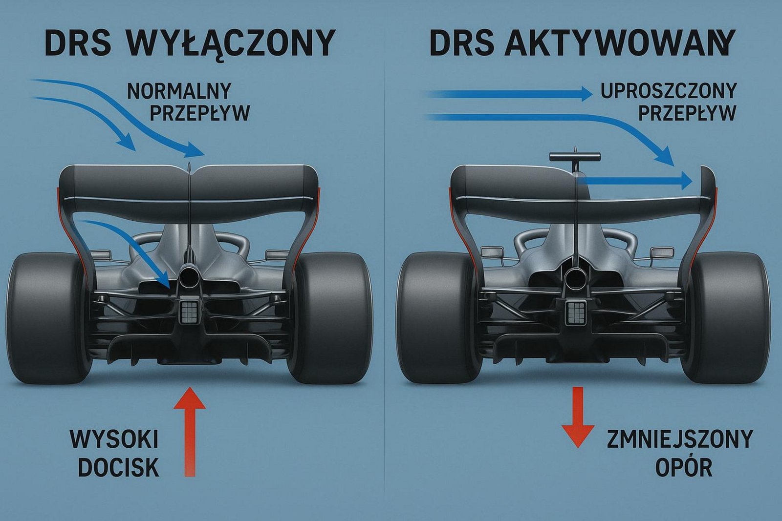 Diagram techniczny pokazujący działanie systemu DRS na tylnym skrzydle bolidu Formuły 1 z dwoma widokami ilustrującymi wyłączenie i aktywację systemu.