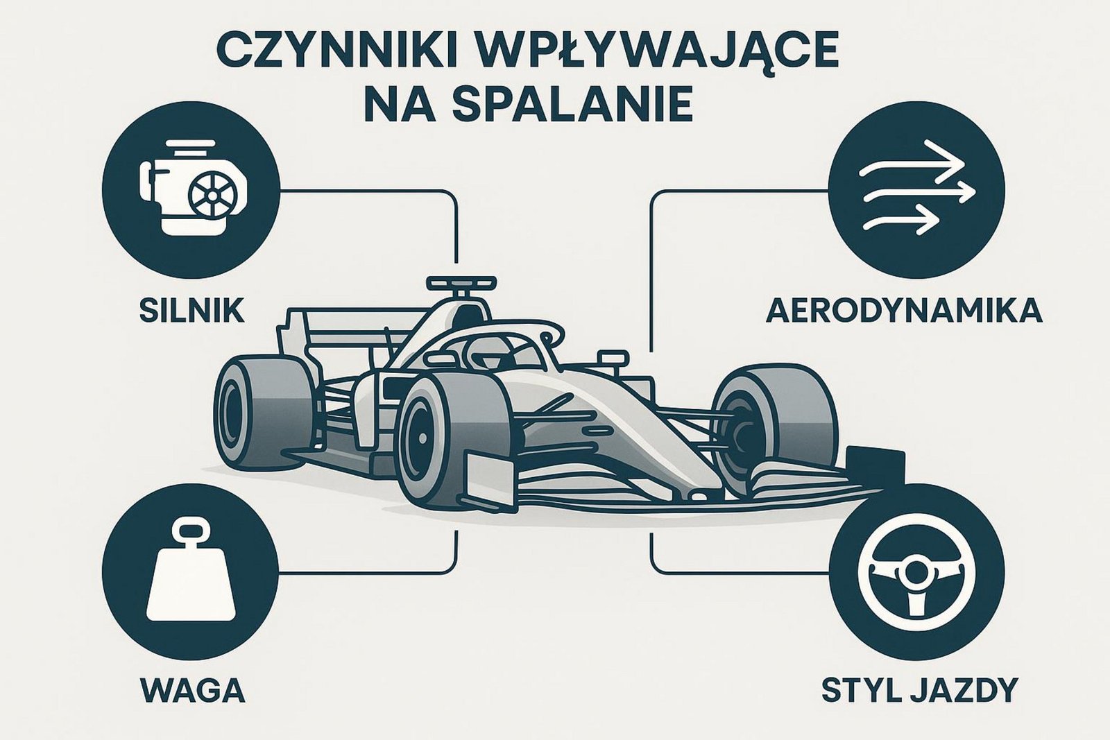 Nowoczesna infografika przedstawiająca bolid F1 w centrum i ikony czynników wpływających na spalanie, takich jak silnik, aerodynamika, waga i styl jazdy.